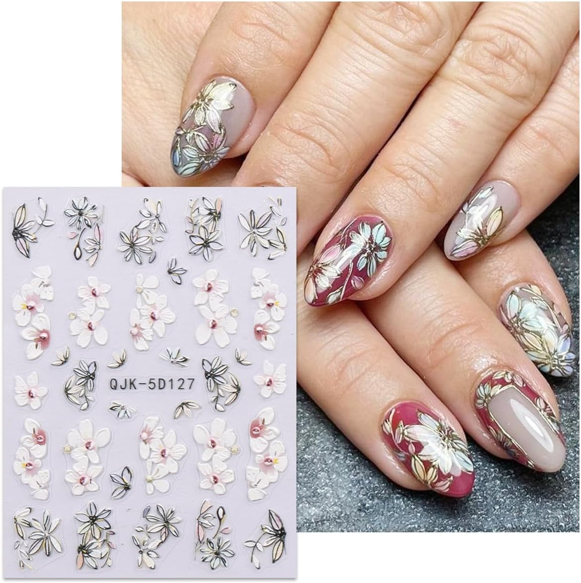 JMEOWIO 3D Nagelsticker Blumen Nail Art Sticker Selbstklebend Nagelaufkleber 5D Stereoscopico Frühling Sommer Dekoration Nageldesign Zubehör 4 Blatt