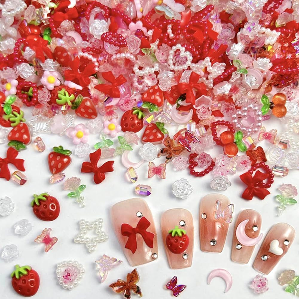 100 pz 3D Nail Charms Rosa Rot Kirsche Erdbeere Blume Nagel Charms Kamelie Rose Schmetterling Nail Art Charms Flatback Herz Schleife Charms Nägel Zubehör Mond Stern Nagelschmuck Nageldesign Anhänger