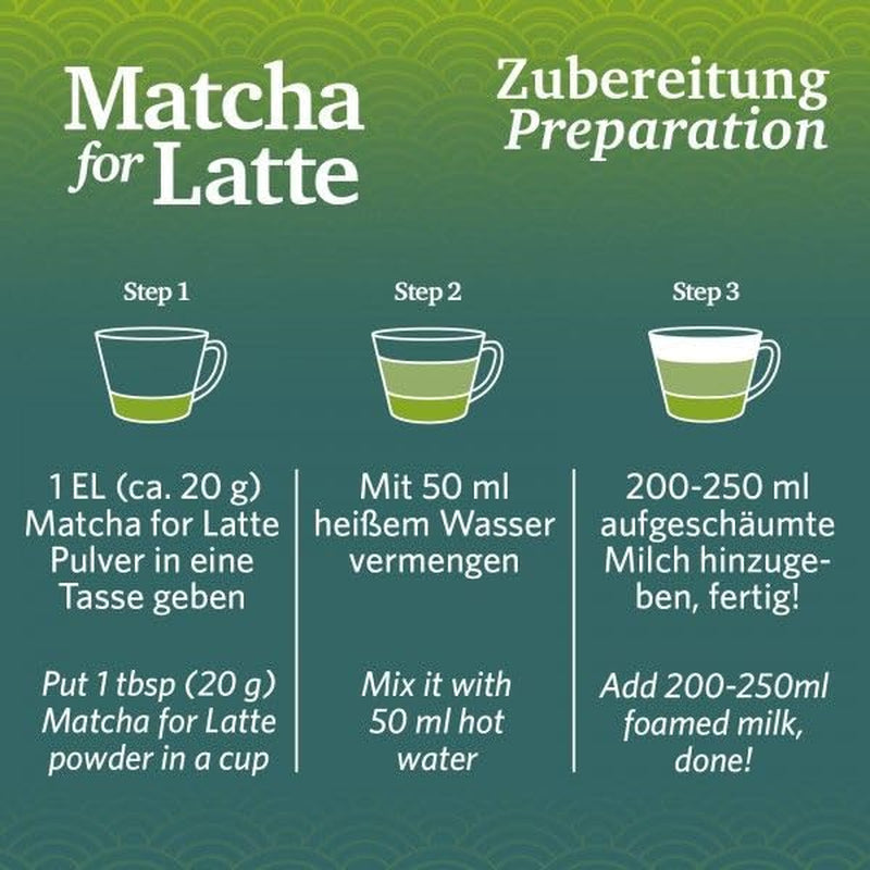 Matcha per latte Miscela di tè verde con zucchero di canna, 400 g, vegano, per 20 porzioni