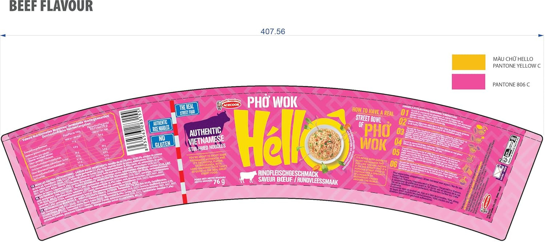 HELLO PHO WOK spaghetti di riso istantanei, manzo - 1 x 76 g