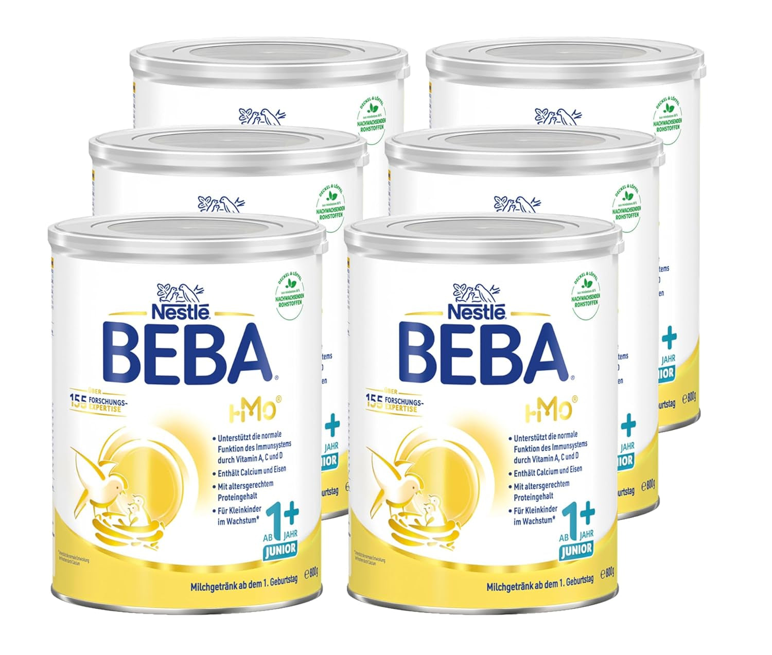 BEBA Junior 1+ bevanda a base di latte a partire da 1 anno, Con HMO, Contenuto proteico adatto all'età, Solo lattosio, Senza olio di palma, Senza olio di pesce, Alimenti per bambini, Latte in polvere per bambini, Confezione da 6 (6 x 800 g)