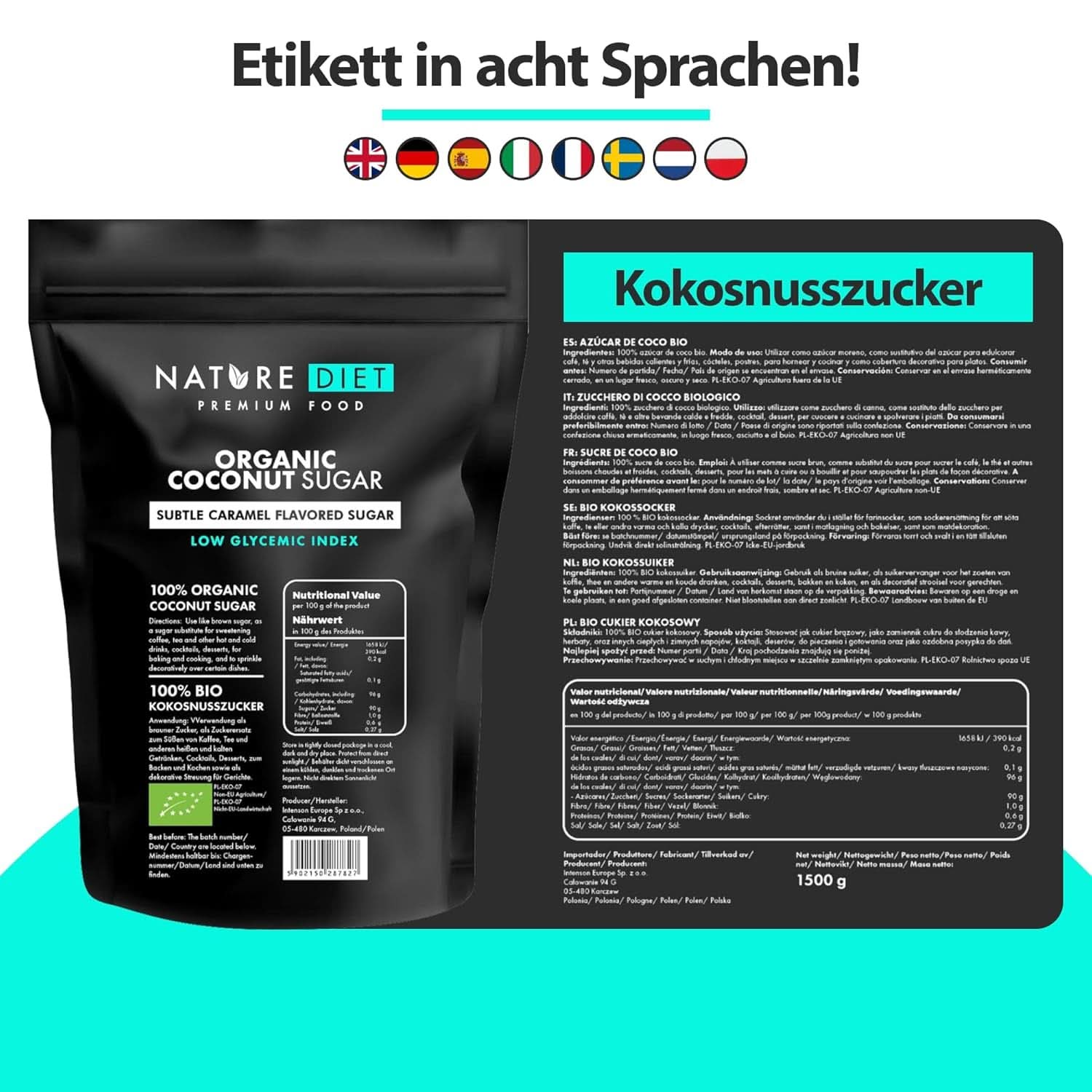 Zucchero di cocco biologico, gusto caramello, Dolcificanti da 1,5 Kg Naty Shop
