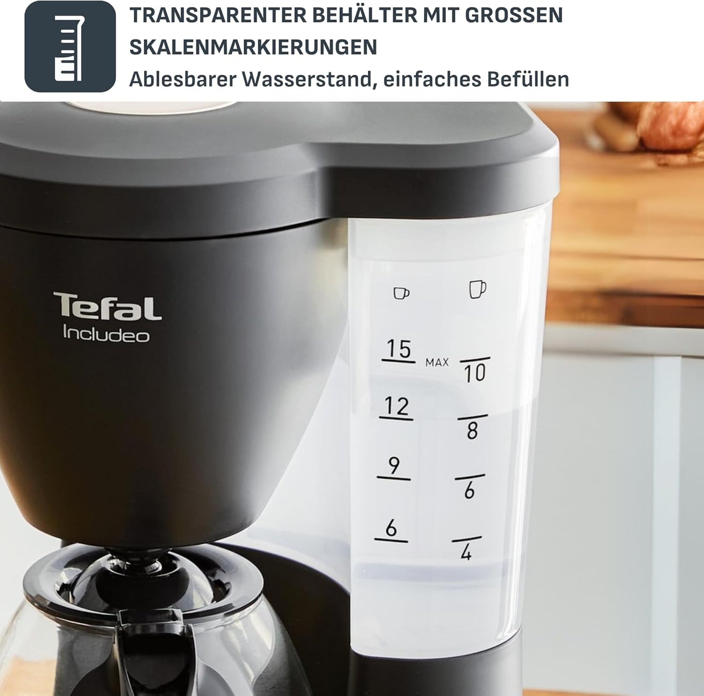 Macchina per caffè espresso con filtro Tefal Includeo, macchina per caffè espresso estremamente facile da usare, adatta per destrimani e mancini, apertura automatica del coperchio, 1,25 L, da 10 a 15 tazze, CM533811