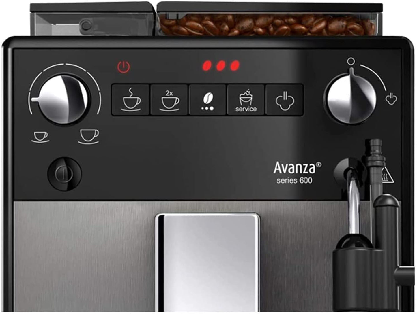 Melitta Avanza - Macchina per caffè espresso completamente automatica con sistema per il latte, macchina per caffè espresso con macinacaffè e serbatoio dell'acqua extra grande (1,5 l) per es. cappuccino o espresso, titano mistico
