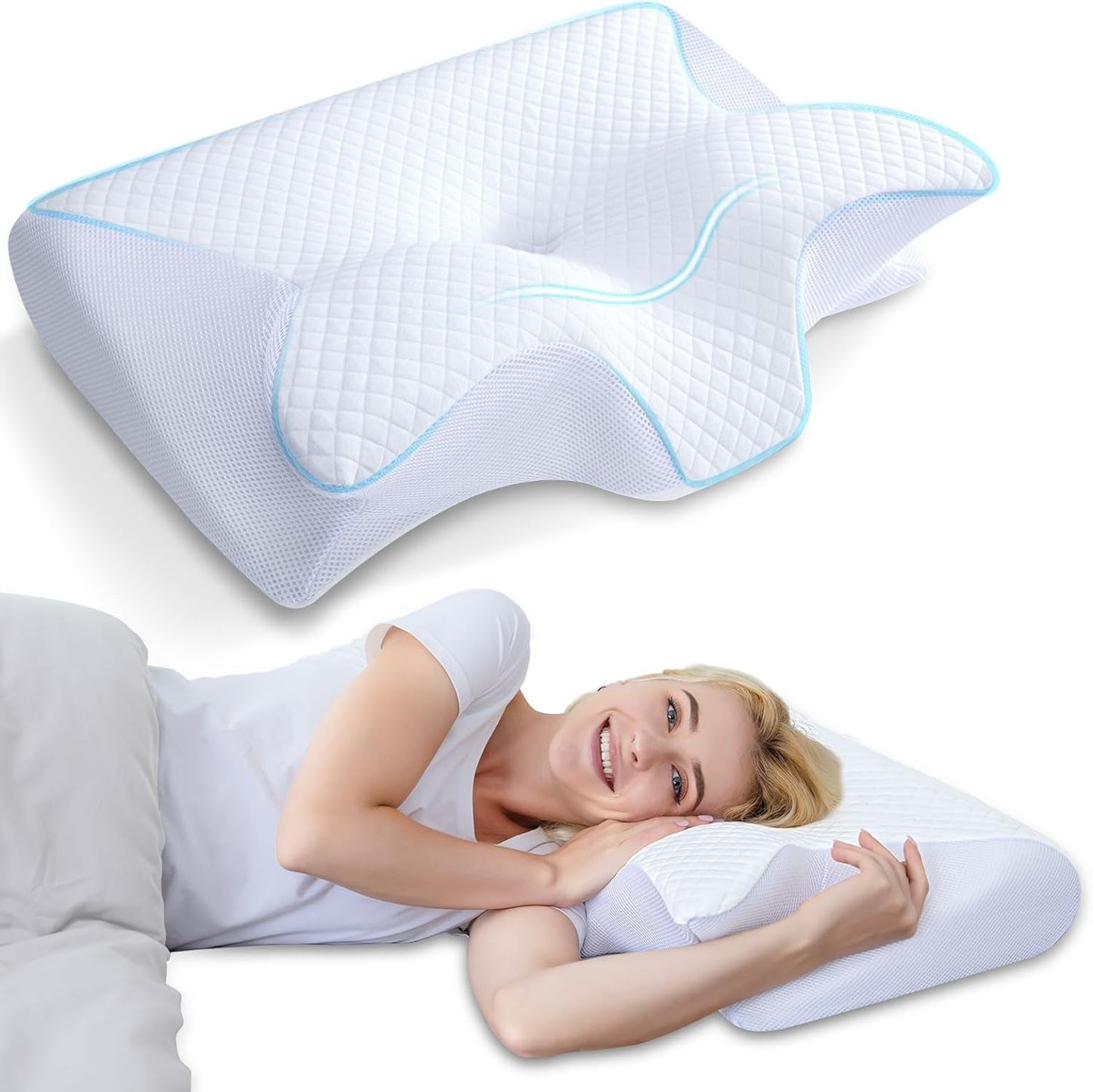 HOMCA Cuscino per Collo Ortopedico Cuscino in Memory Foam 2 in 1 Cuscino per Supporto per Collo Cuscino per Testa ergonomico per Dolori Schiena, Laterali e Addominali, 60 X 13/11 X 40 cm Cuscini Ortopedici Cervicali Naty Shop Bianco
