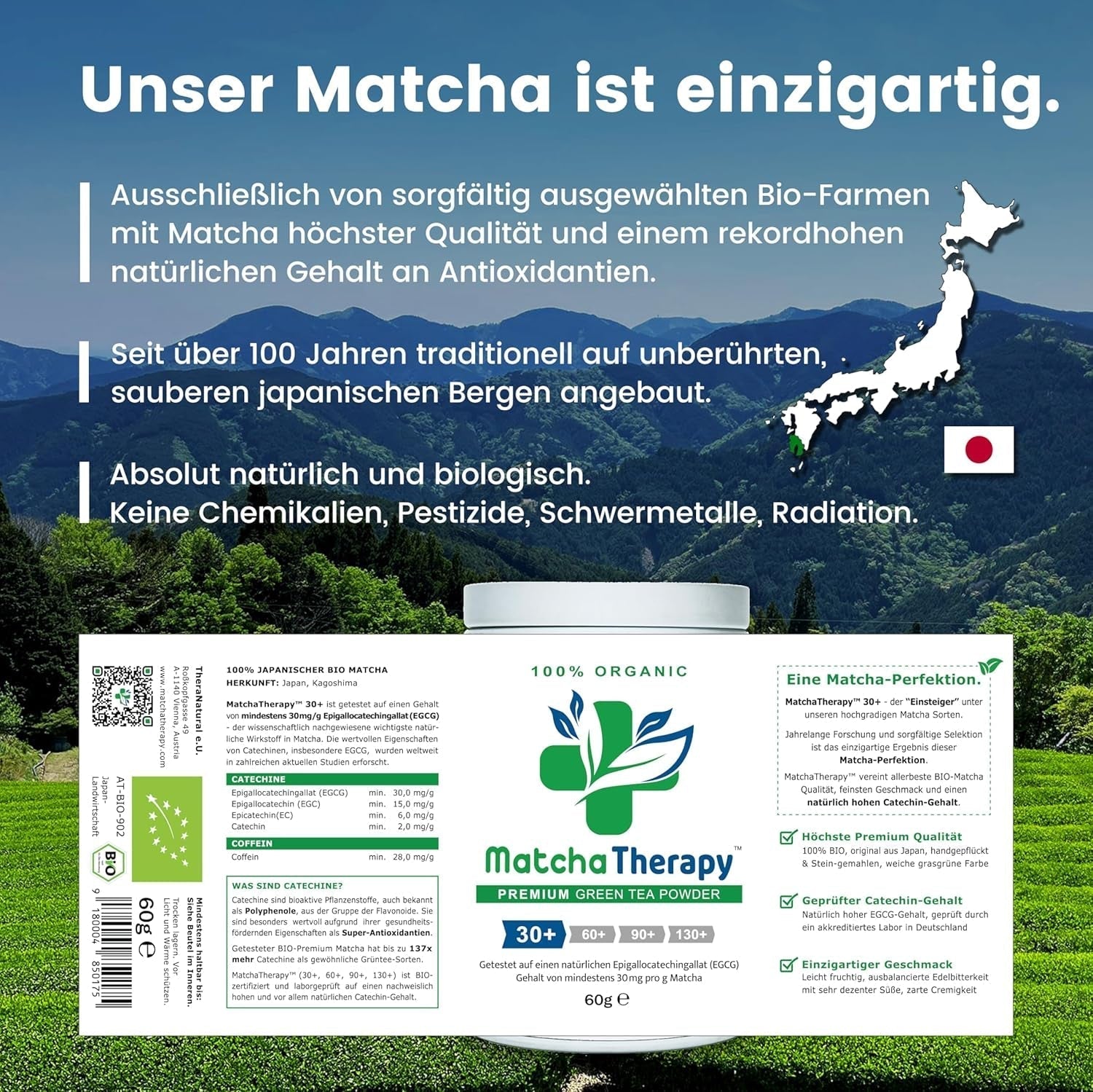 Terapia Matcha 30+ | Polvere di tè matcha biologico | 60 g| Con un contenuto verificato di almeno 30 mg/g di catechina EGCG | Supporta il sistema immunitario e i livelli di energia | Qualità cerimoniale | Tè verde dal Giappone