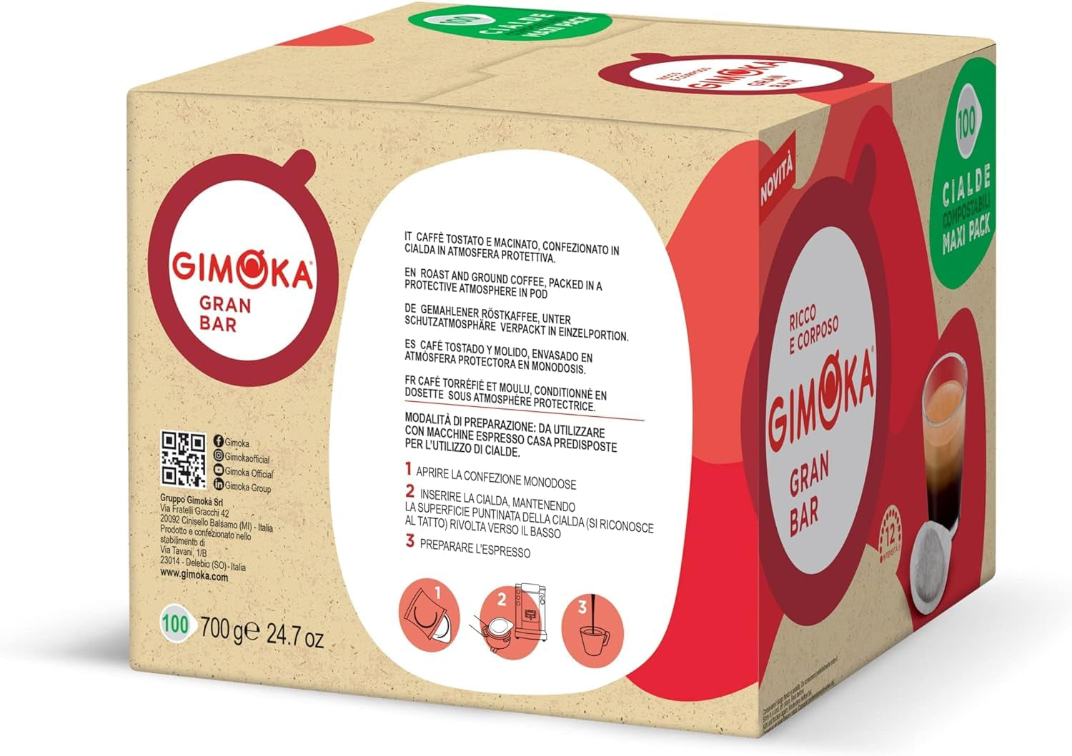 Gimoka Kompostierbare Kaffeepads, Gran Bar Intenso Kaffeemischung, Intensität 12-100 Pads - Compatibile con il sistema ESE Papier Pads 44 mm