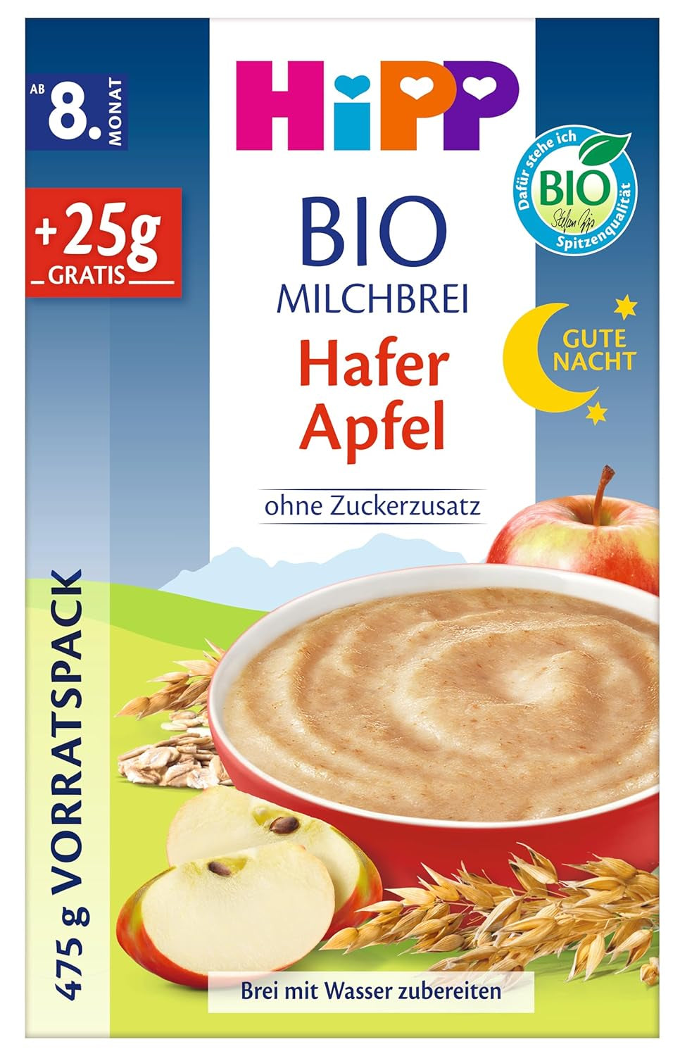 Farina d'avena HiPP Good Night con mele e latte d'avena biologico (4 x 475 g), a partire da 8 mesi, senza zuccheri aggiunti, con cereali integrali biologici e frutta biologica, della migliore qualità biologica