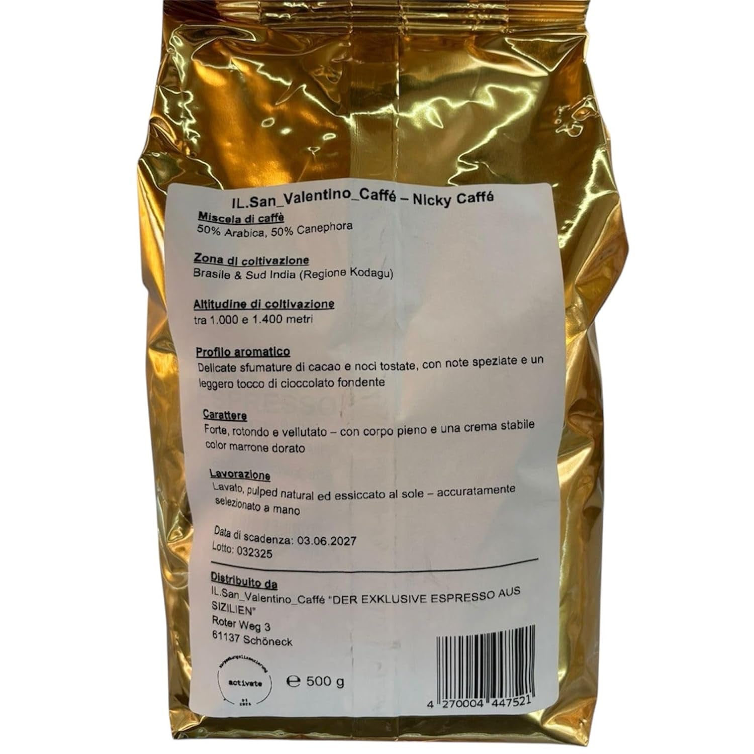 "L'ESCLUSIVO ESPRESSO DI SICILIA" NICKY CAFFÉ ESPRESSO E CREMA DI CAFFÈ 50% ARABICA 50% CANNELLA