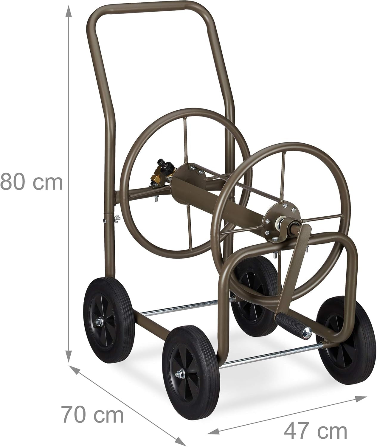 Carrello portatubo XL Relaxdays, avvolgitubo mobile, in metallo, per tubo da 60 m, 4 ruote, con manovella, rullo a 90°, marrone