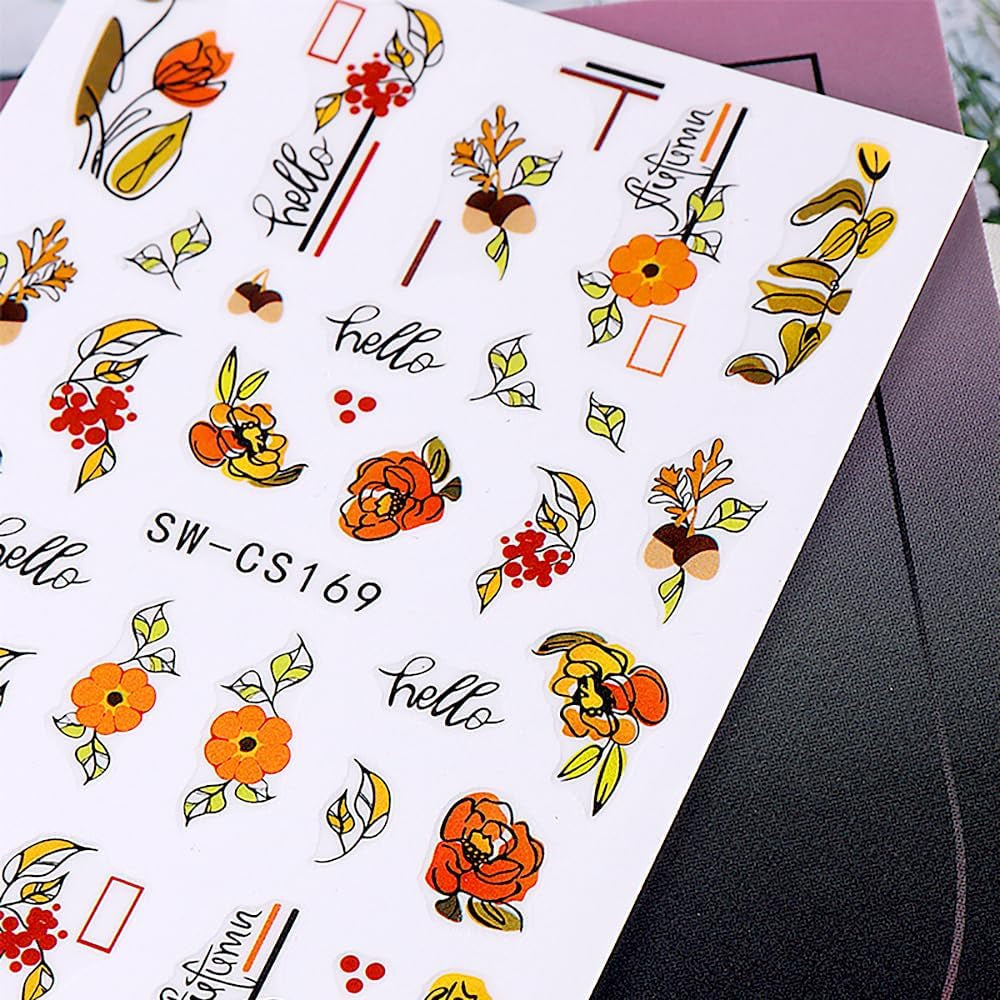 Adesivi per unghie autunnali 3D Adesivi per unghie foglie di zucca Linea geometrica Fiori Adesivi per unghie Design del Giorno del Ringraziamento Adesivi per unghie Autunno Zucca per unghie Accessori per unghie Nail Art