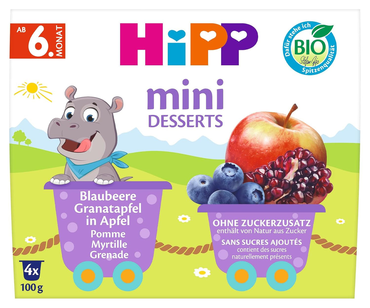Mini dessert biologico HiPP con mirtillo e melograno al gusto di mela (confezione da 6 x 4 x 100 g), a partire da 6 mesi, in pratiche tazze, senza zuccheri aggiunti, migliore qualità biologica