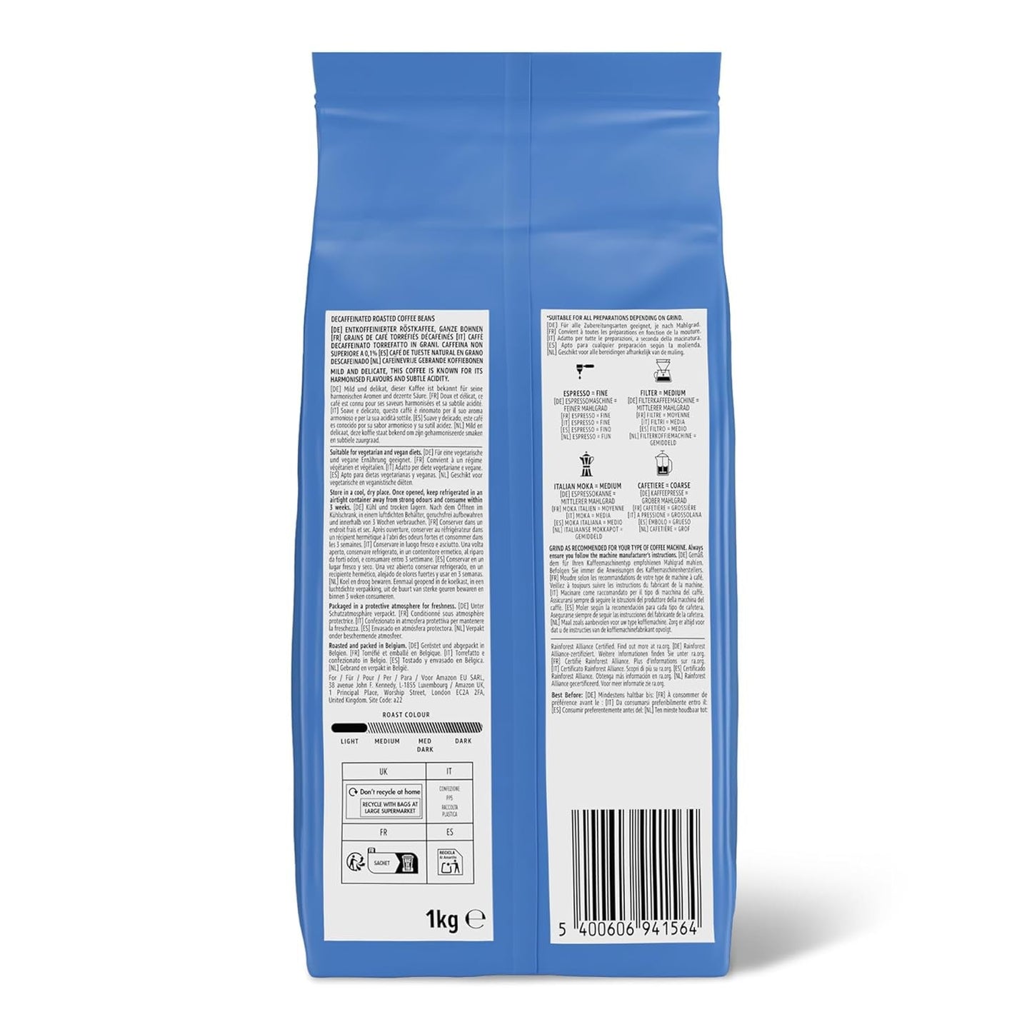 di Amazon Kaffeebohnen, entkoffeiniert, leggero Röstung, 2 kg (2 Packungen mit 1 kg), Rainforest Alliance zertifiziert