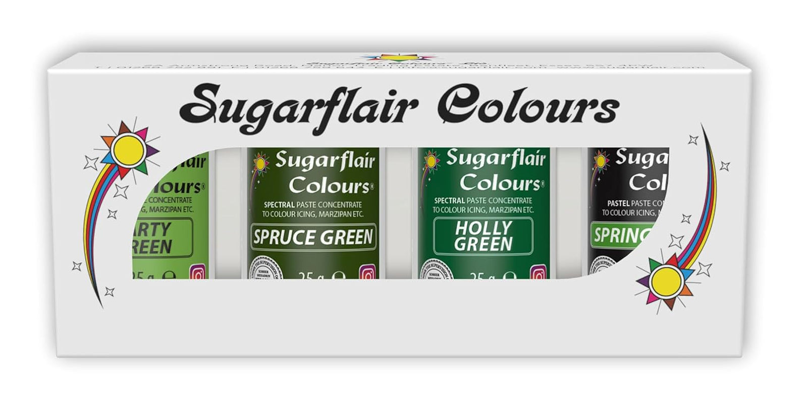 Sugarflair Pasta Colorante Alimentare, Verde, Set da 4, Colorante Alimentare per Pasta, Fondente, Marzapane, Pasta di Zucchero, Crema al Burro e Altro: Verde Ilex, Verde Primavera, Verde Abete, Verde Festa - Set di 4