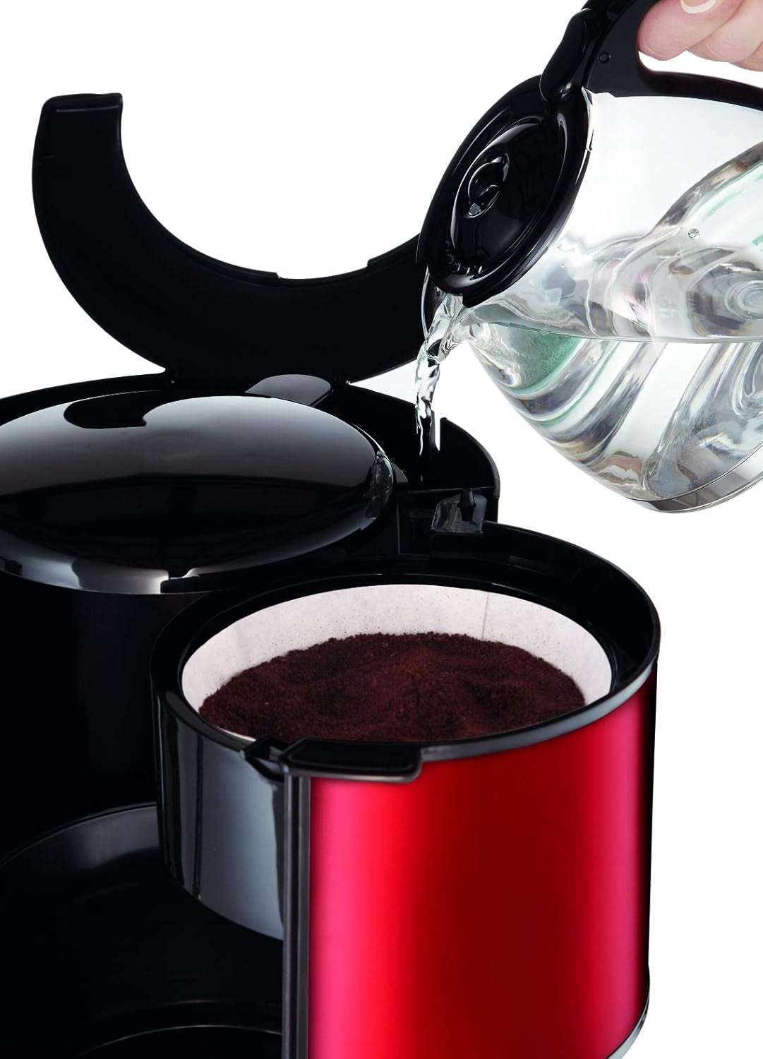 Macchina per caffè espresso Subito con filtro, caraffa in vetro, 10-15 tazze, capacità 1,25 l, funzione di spegnimento automatico, filtro rimovibile, indicatore del livello dell'acqua, acciaio inossidabile, rosso/nero, FG360D