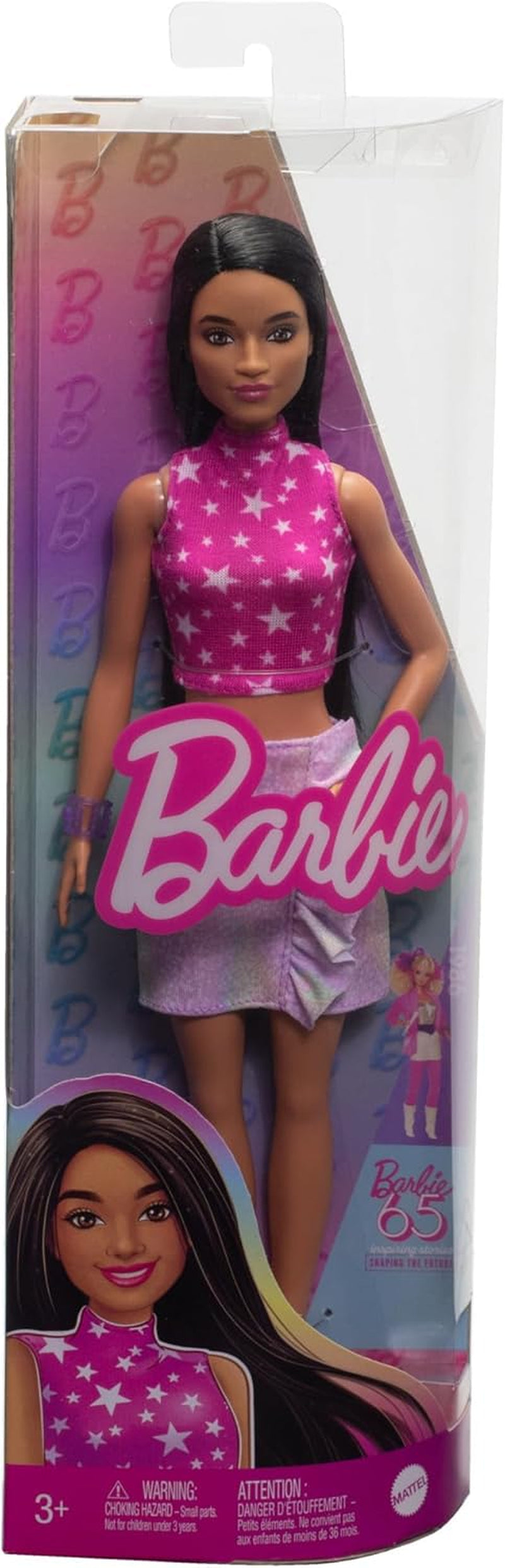Bambola Barbie Fashionistas n. 215 con capelli neri lisci, top con motivo a stelle rosa e gonna iridescente, bambola alla moda da collezione per il 65° compleanno HRH13 Naty Shop Dolls