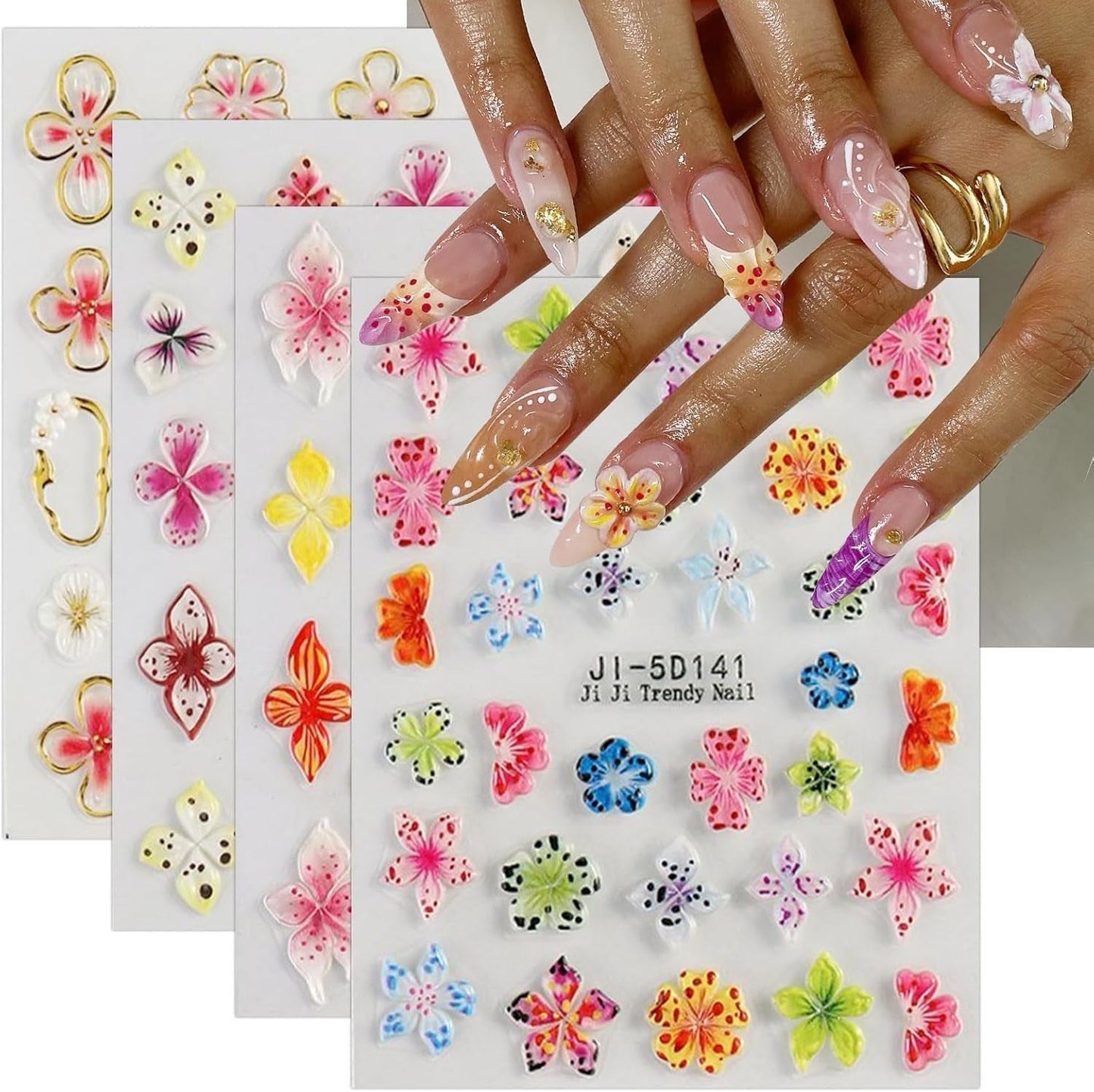 JMEOWIO 3D Nagelsticker Fiore colorato Nail Art Sticker Selbstklebend Nagelaufkleber 5D Stereoscopico Decorazione floreale primavera estate Nageldesign Zubehör 4 Blatt