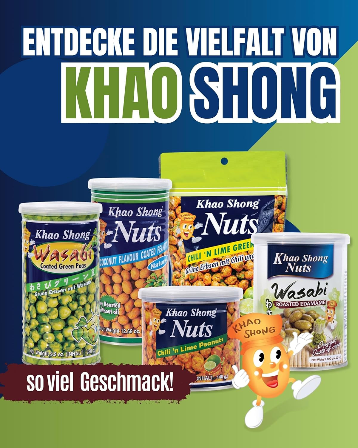 Piselli verdi fritti Khao Shong con wasabi, piselli croccanti in pastella piccante, un'alternativa a basso contenuto di grassi alla frutta secca, mediamente piccante, 1 lattina da 140 g | 140 g (1 confezione)