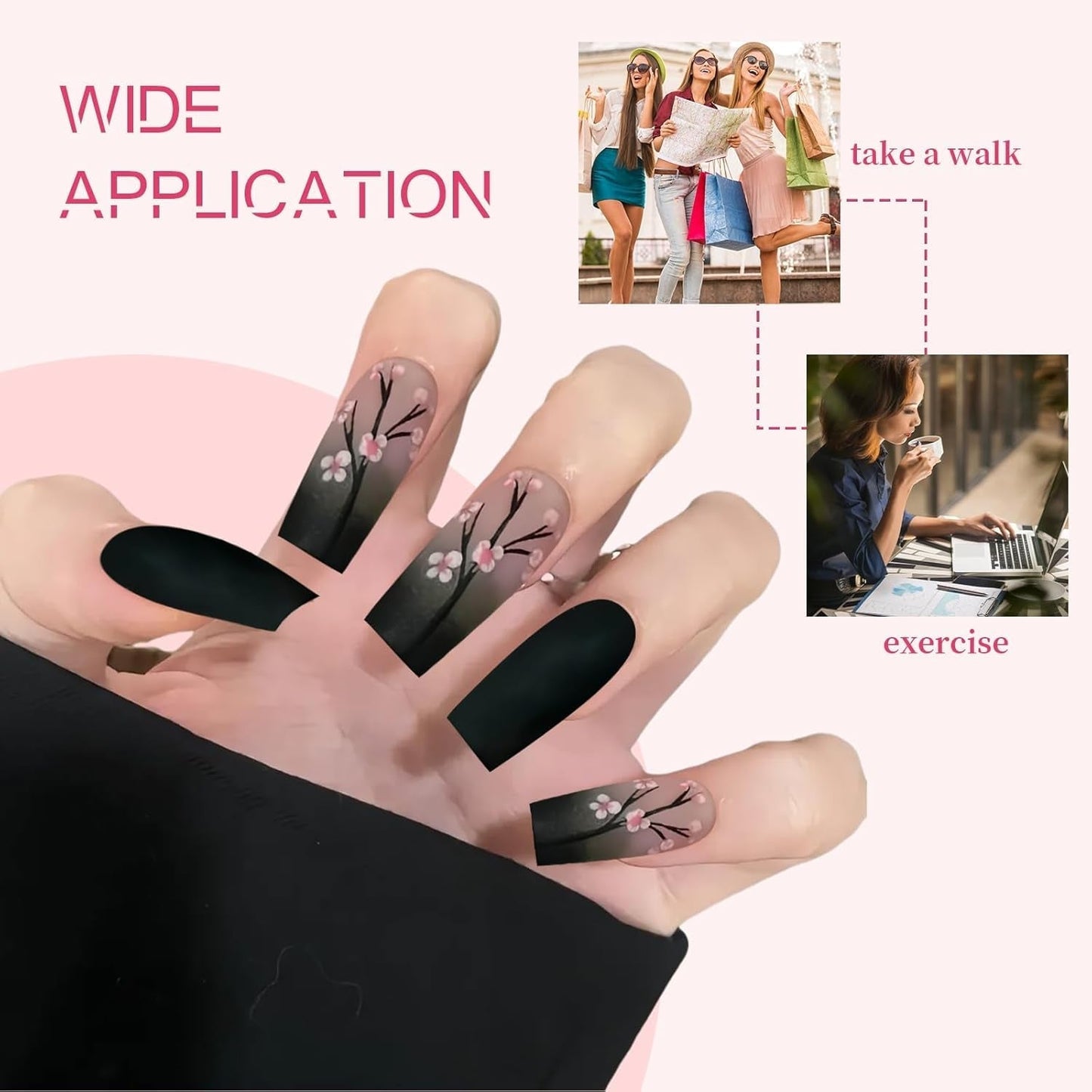 24 pezzi Autunno Nero French Press Unghie Fiore rosa Unghie lunghe Colla su unghie finte Autunno Unghie finte Set con accessori