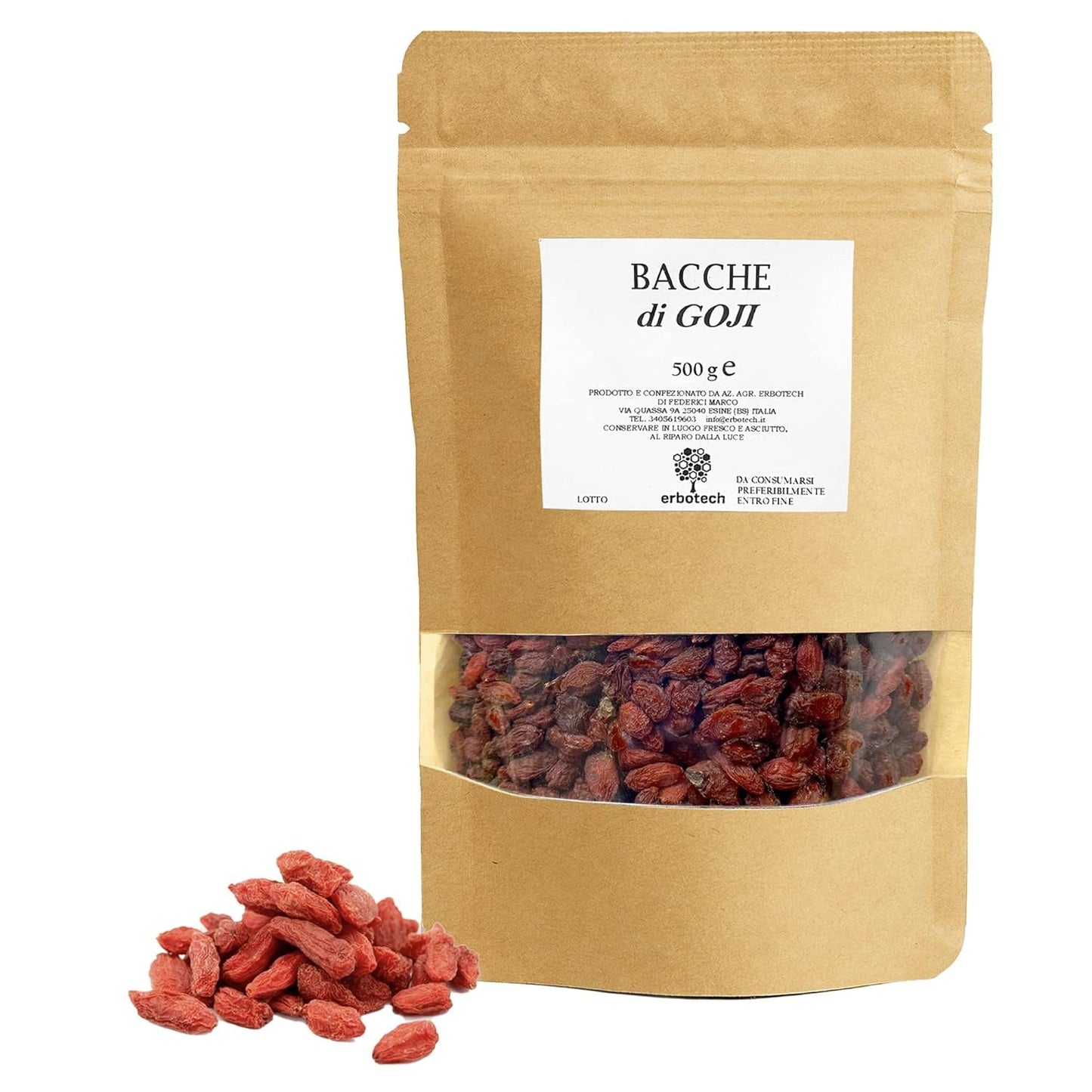 ERBOTECH Bacche di Goji 200 g, bacche di goji ad alto contenuto vitaminico, frutta secca senza zucchero e zolfo, superfood naturali e ricchi di energia, prodotti disidratati Made in Italy Naty Shop 500 G