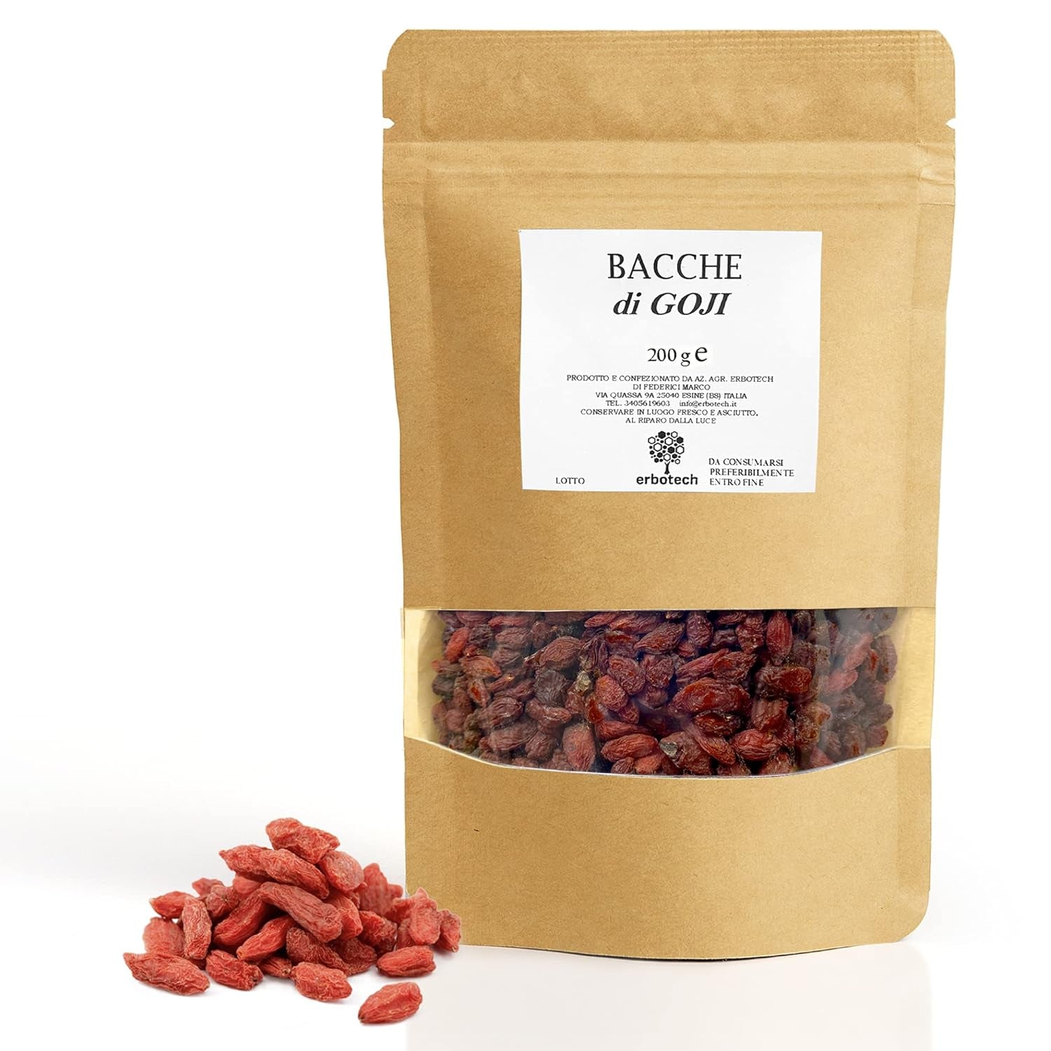 ERBOTECH Bacche di Goji 200 g, bacche di goji ad alto contenuto vitaminico, frutta secca senza zucchero e zolfo, superfood naturali e ricchi di energia, prodotti disidratati Made in Italy Naty Shop 200 G