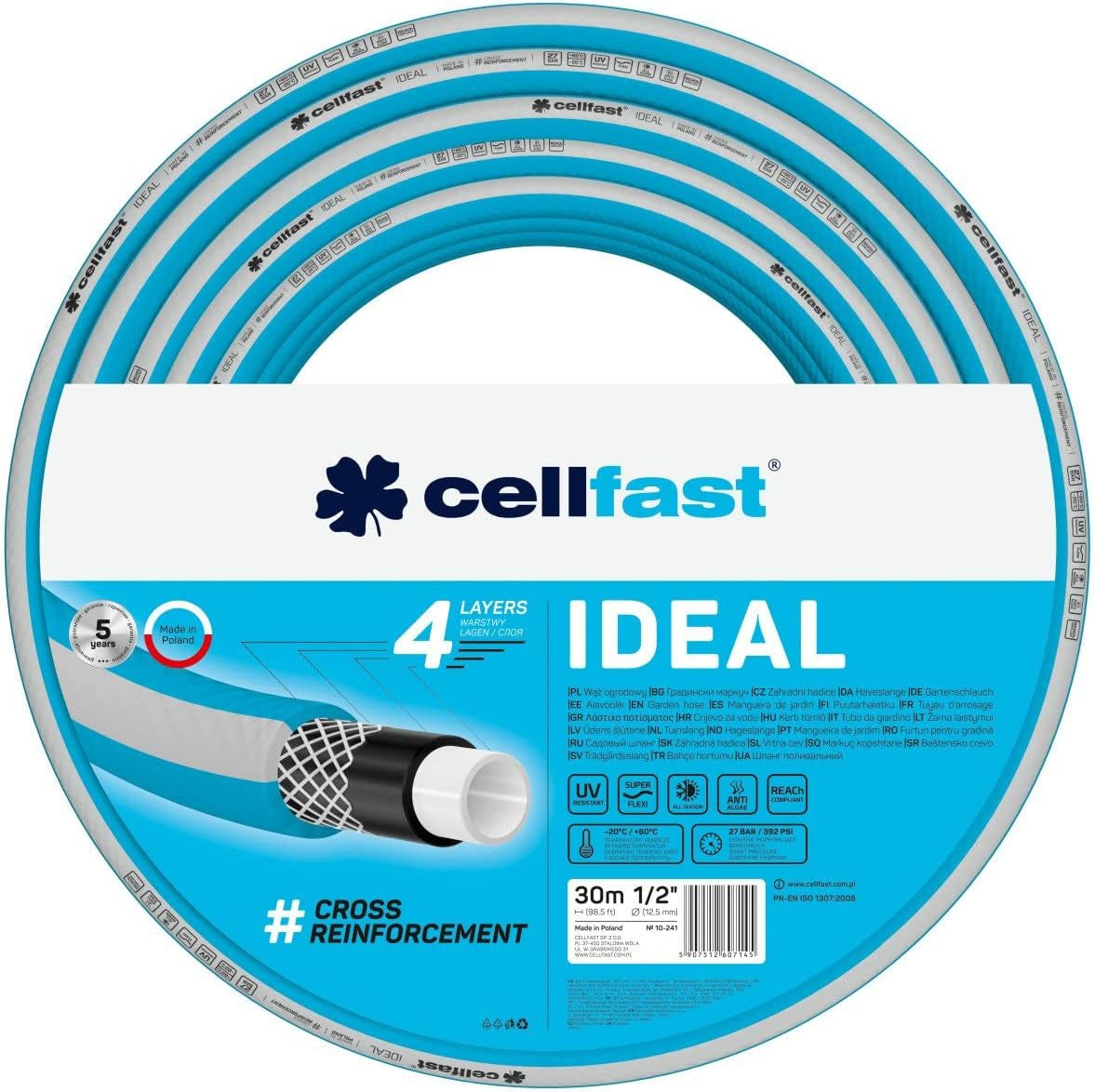 Tubo da giardino Cellfast IDEAL, Durevole, Flessibile, 4 strati, Treccia incrociata durevole, Resistente ai raggi UV e alle alghe, Tecnologia REACH, 27 bar, -20/+60° breve termine 1/2", 30m