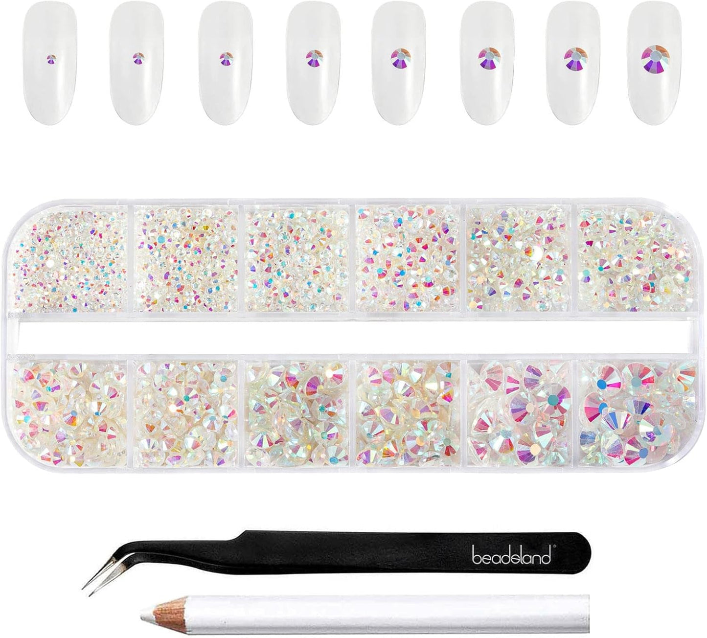 Beadsland 2500 pezzi di vetro per nail art strasssteine ​​​​Kristall Flatback Edelsteine ​​​​Runde, ​​für Handwerk Gemischt 8 Größen SS4 ~ SS30 con picking Pinzette e Stift (Kristall Weiss)
