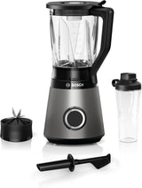 Robot da cucina Bosch Vitapower Serie 4 MMB6174SN, Verbesserte Version, Hochwertige Edelstahl-Klingen, 1.5L Glass Behälter, 0.6L To-Go-Flasche, Spülmaschinenfeste Teile, 30.000 U/Min, 1200 W, Silver Kitchen Naty Shop Single 2-in-1 Standmixer
