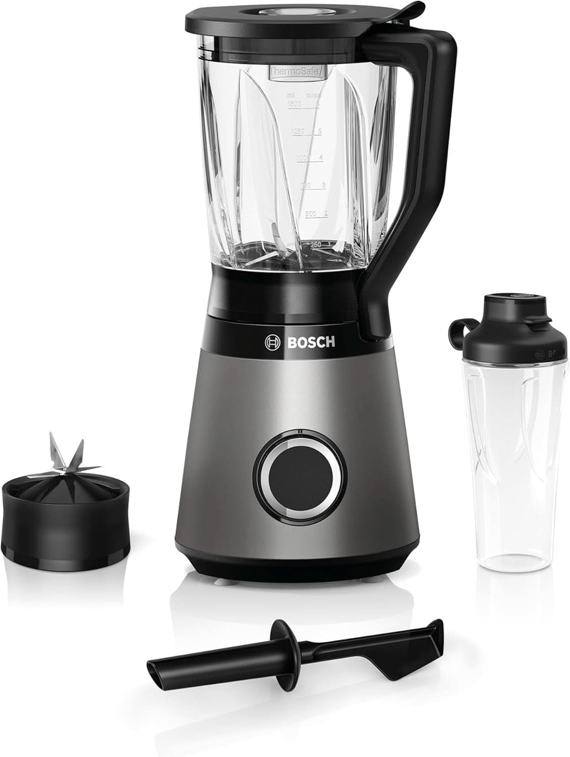 Robot da cucina Bosch Vitapower Serie 4 MMB6174SN, Verbesserte Version, Hochwertige Edelstahl-Klingen, 1.5L Glass Behälter, 0.6L To-Go-Flasche, Spülmaschinenfeste Teile, 30.000 U/Min, 1200 W, Silver Kitchen Naty Shop Single 2-in-1 Standmixer