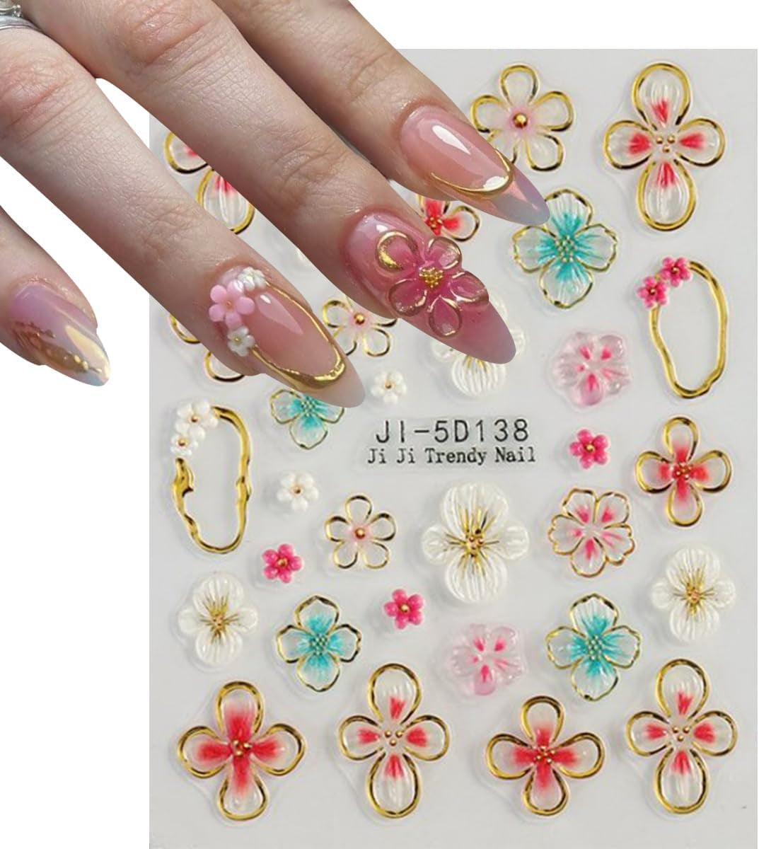 JMEOWIO 3D Nagelsticker Fiore colorato Nail Art Sticker Selbstklebend Nagelaufkleber 5D Stereoscopico Decorazione floreale primavera estate Nageldesign Zubehör 4 Blatt