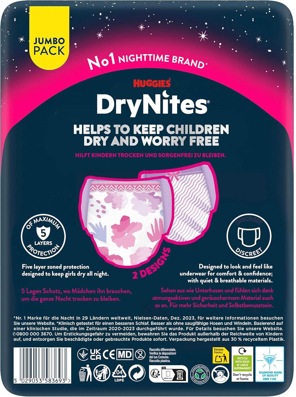Huggies Drynites Nachtwindeln Bei Bettnässen, Für Mädchen Ab 13 Bis Ca. 17 Jahre (48-60 KG), 33 Stück (3X11), Jumbo-Monatspack, Pannolini-Pantaloni XL Accessori Alimentazione e Allattamento Baby Naty Shop