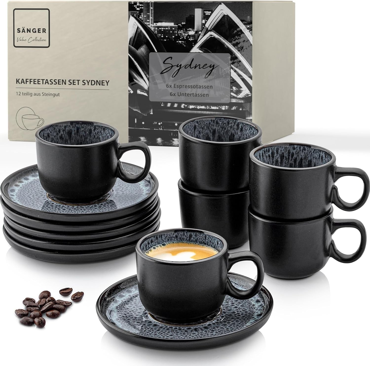 SANGER Sydney | Set di tazzine da caffè in ceramica da 12, set di tazze da moka per 6, tazze e piattini, lavabili in lavastoviglie e adatti al microonde, grigio scuro, 80 ml | LA COLLEZIONE DI VALORE