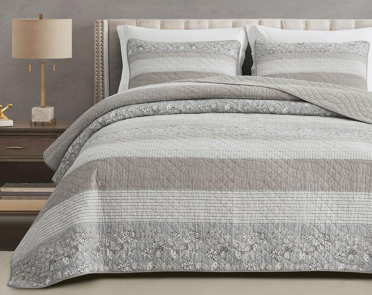 Collezione Chezmoi Addy Set trapunta patchwork Cotone prelavaggio Leggero Reversibile Tutte le stagioni Oversize 3 pezzi Blu marino Bianco Grigio Talpa Trapunte e trapunte scozzesi Naty Shop Righe patchwork ibisco Talpa Twin
