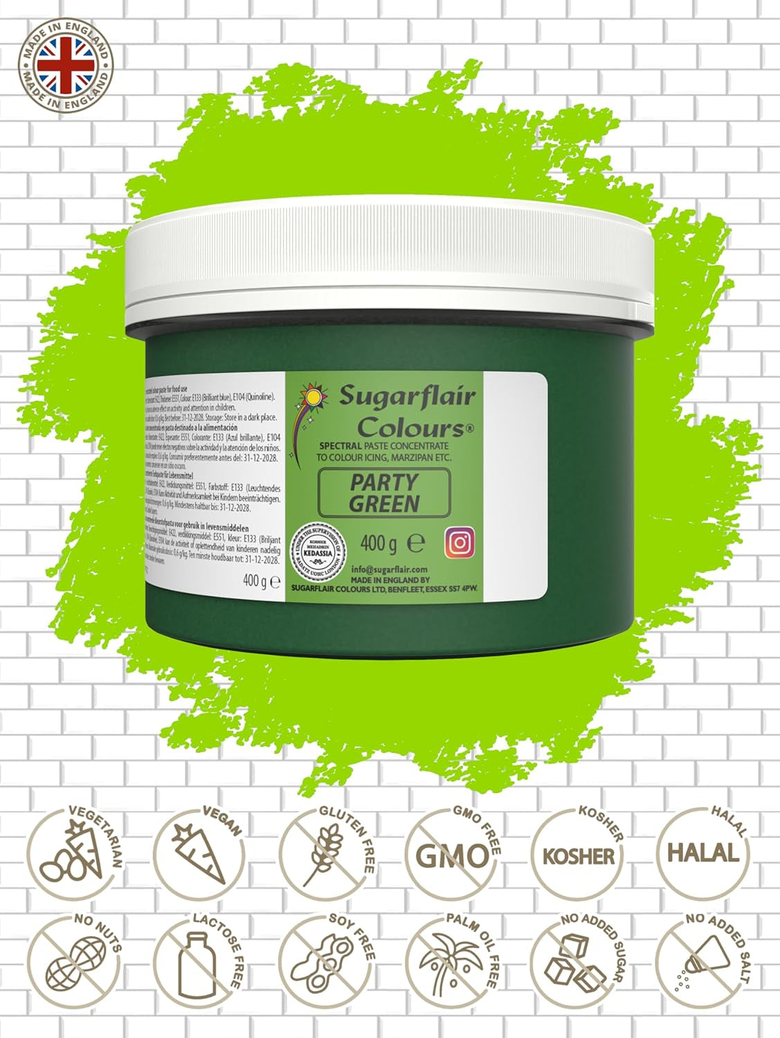 Sugarflair Partygreen Pasta colorante alimentare, colorante alimentare per fondente e marzapane, pasta concentrata spettrale - 400 g