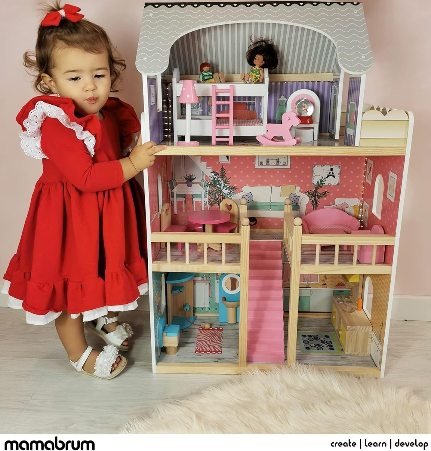 A405 Casa delle bambole illuminata a LED - Set di 3 piani e mobili - Casetta in legno con accessori: cucina, bagno, camera da letto - Regalo per ragazze dai 3 anni in su Case delle bambole Naty Shop