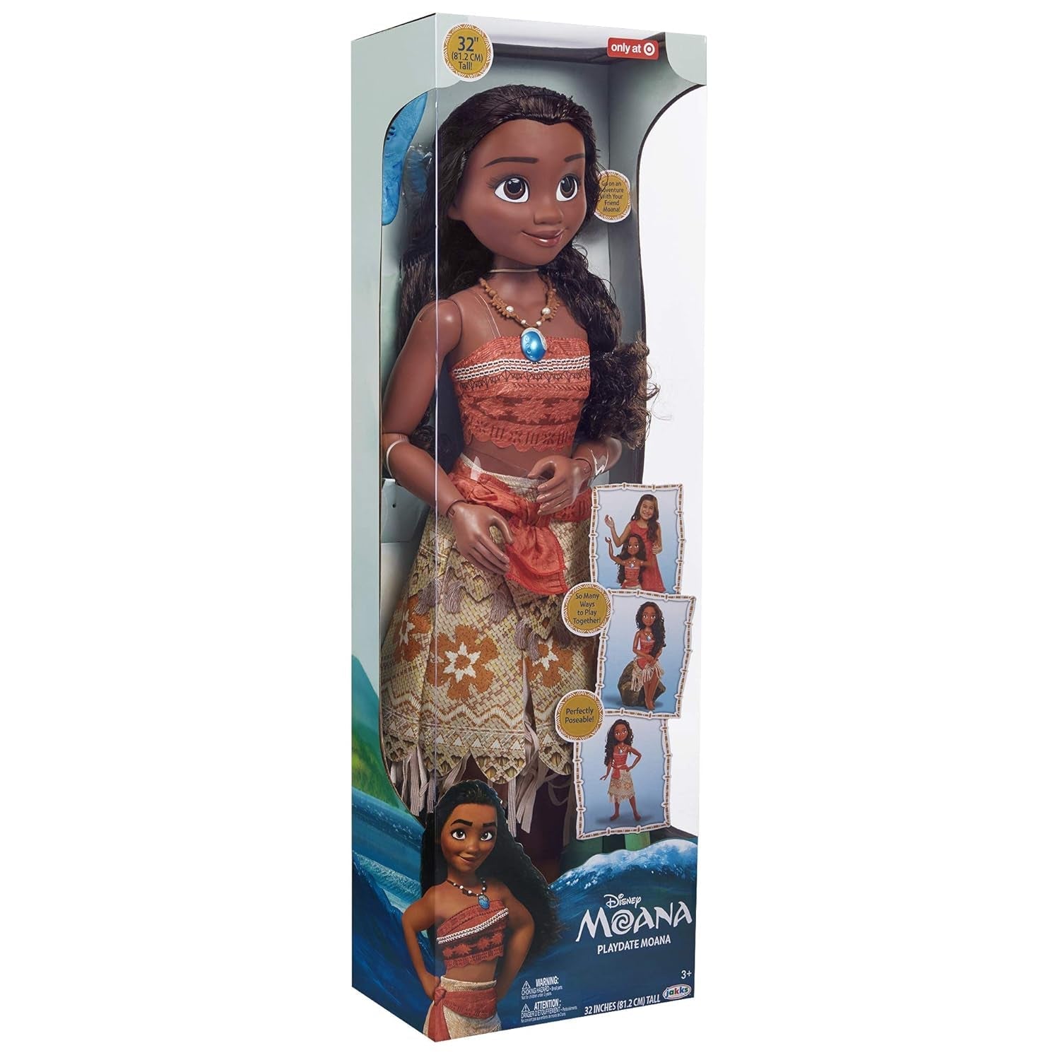 Disney Princess Vaiana, bambola da gioco da 80 cm, di Jakks Pacific, bambola mobile con spazzola per pettinare i riccioli ondulati, abito ispirato al film, collana con ciondolo staccabile Bambole Naty Shop