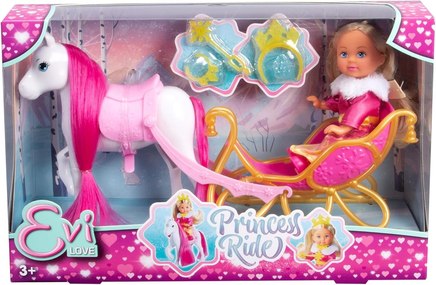Simba Evi Love Princess Ride, bambola della principessa con slitta e cavallo invernale, accessori principessa, 12 cm, dai 3 anni in su