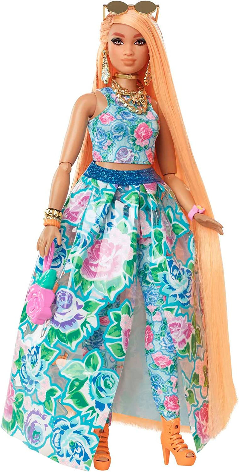 Barbie Extra Fancy, Capelli Lunghi Curvy Biondo Fragola, Completo A Due Pezzi, Gatto Blu, Borsa Rosa, Occhiali Da Sole Ananas Con Bambola, Adatto Come Regalo, Bambole Hhn14 Naty Shop