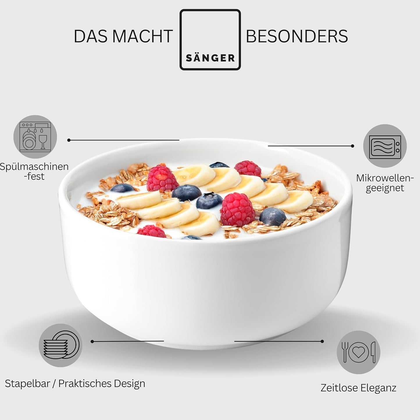 SANGER | Marlo White Servizio Piatti Servizio Piatti 24 Pezzi per 6 con Piatti Dessert, Piatti Piani, Ciotole e Ciotole per Cereali Set Piatti Piani in Porcellana Stoviglie Design Moderno COLLEZIONE PREMIUM