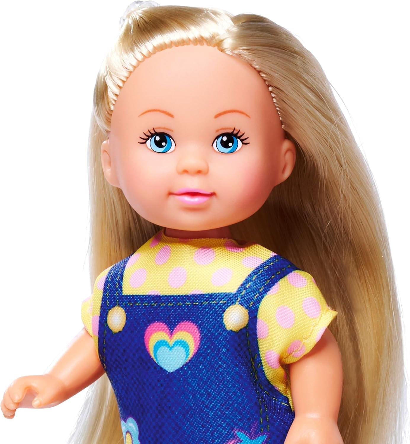 Simba Evi Love, bambola alla moda che indossa un grazioso vestito di jeans, inclusi altri due abiti con adorabili stampe e scarpe da ginnastica, 12 cm, dai 3 anni in su