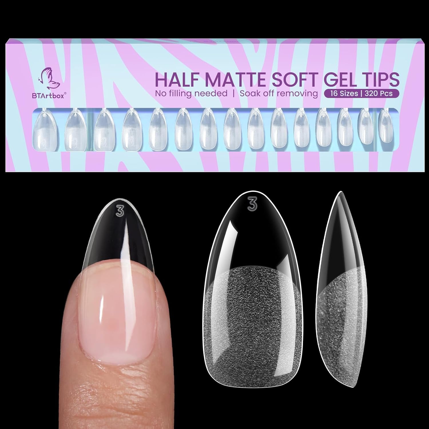 Btartbox Punte per unghie a mandorla extra corte - Gel a copertura totale X Punte per unghie in gel morbide XS - Semi-opache preformate per salone per unghie larghe 320 pezzi