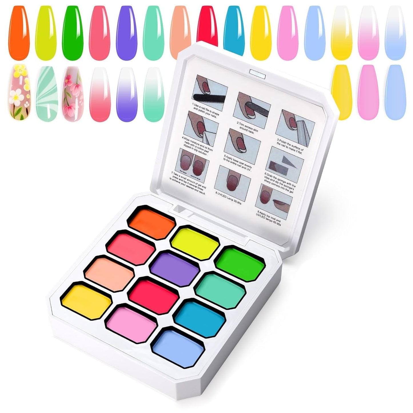 Gel per pittura sfumata, 12 colori di smalto gel sfumato con 100 spugne per unghie e 4 artigli in metallo per french manicure, nail art fai da te, set I