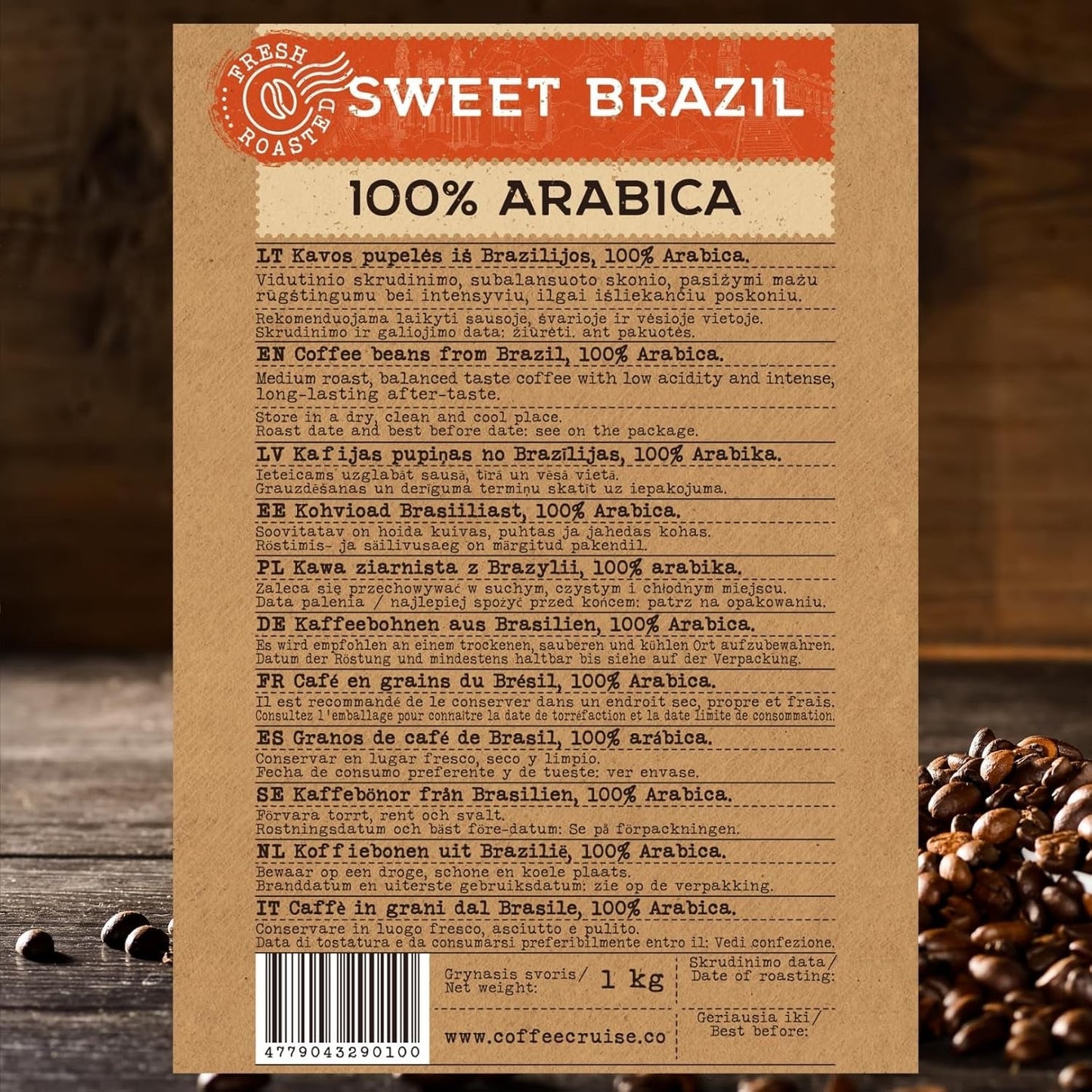 COFFEE CRUISE Sweet Brazil Brasilianische Kaffeebohnen 1kg - Mittlere Röstung - Aroma Kakao und Schokolade - Für All Kaffeemaschinen - 100% Arabica
