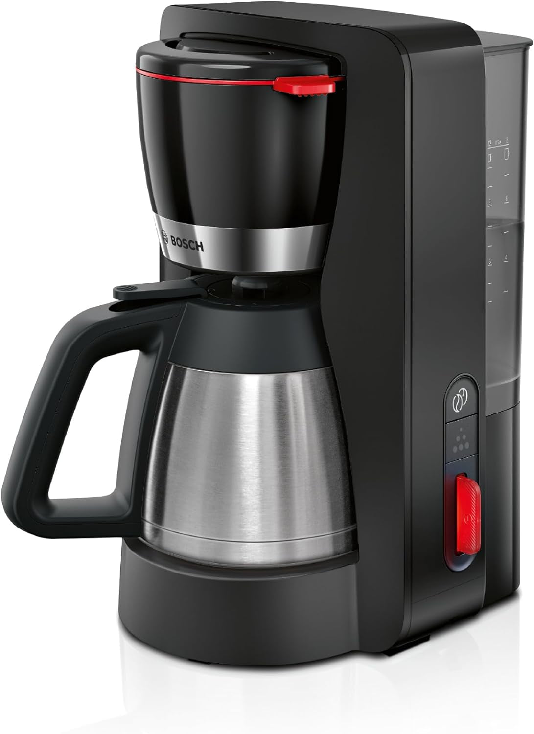 Bosch MyMoment TKA6M273 Macchina per caffè espresso con filtro, caraffa termica da 1 litro, 8-12 tazze, sistema antigoccia, portafiltro rotante, programma di decalcificazione, serbatoio acqua removibile, 1200 Watt, nero opaco