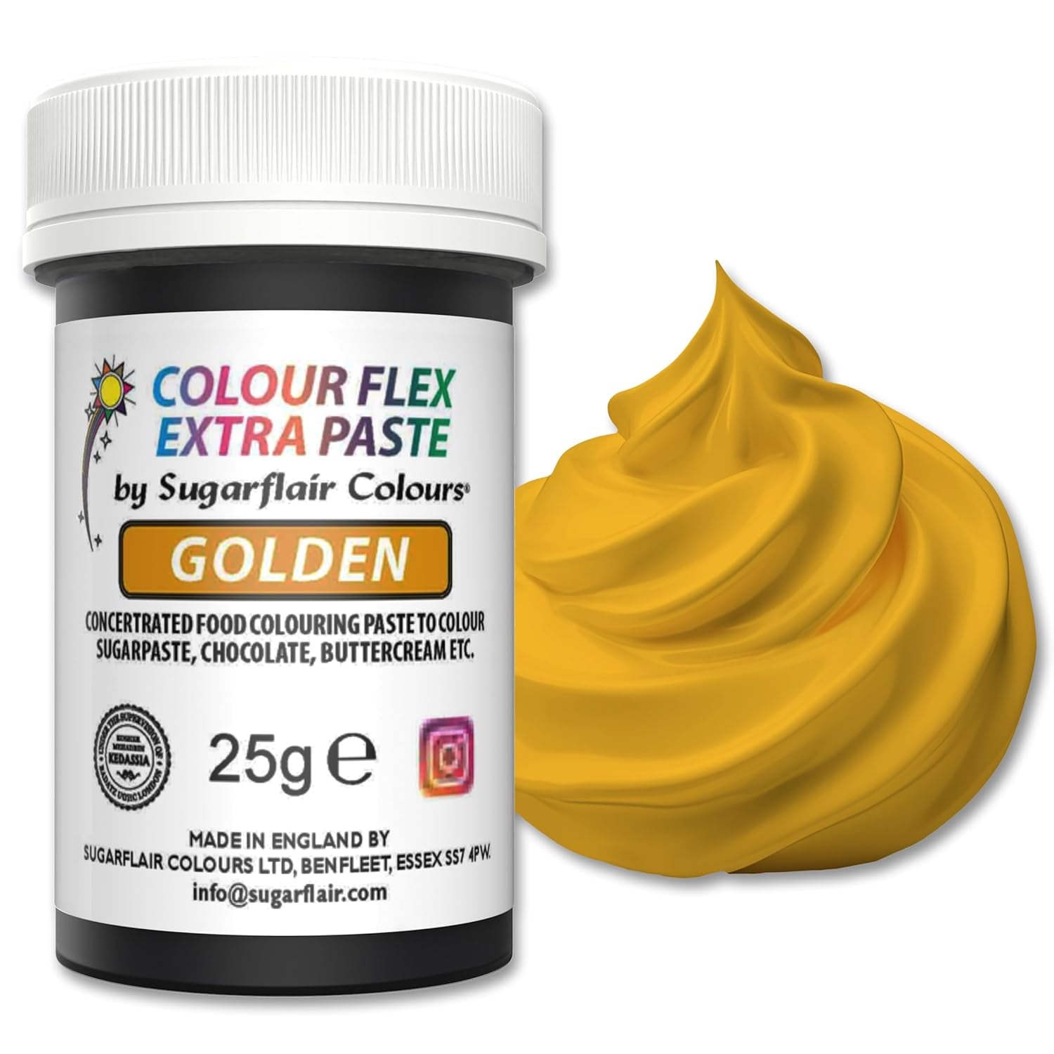 Pasta colorante alimentare Sugarflair Colourflex Extra Paste Golden - Colorante alimentare commestibile per crema al burro, cioccolato, pasta di zucchero, glassa, fondente, miscele per torte, impasti e altro - 25 g