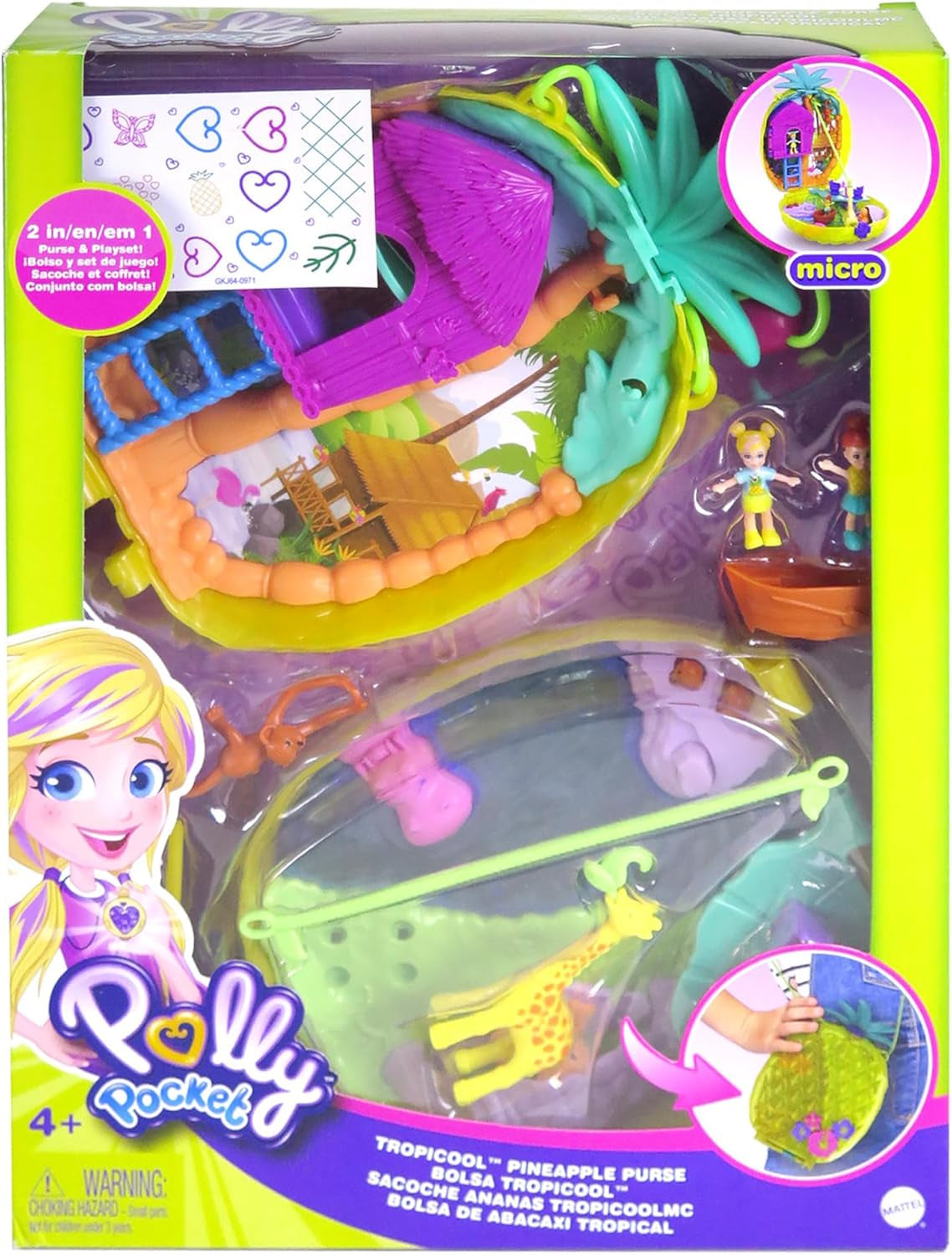 Polly Pocket GKJ64 - Compatto portatile Pineapple Pocket con 8 divertenti funzioni, bambole Polly e Lila, 2 accessori e foglio di adesivi; giocattolo per bambini dai 4 anni in su