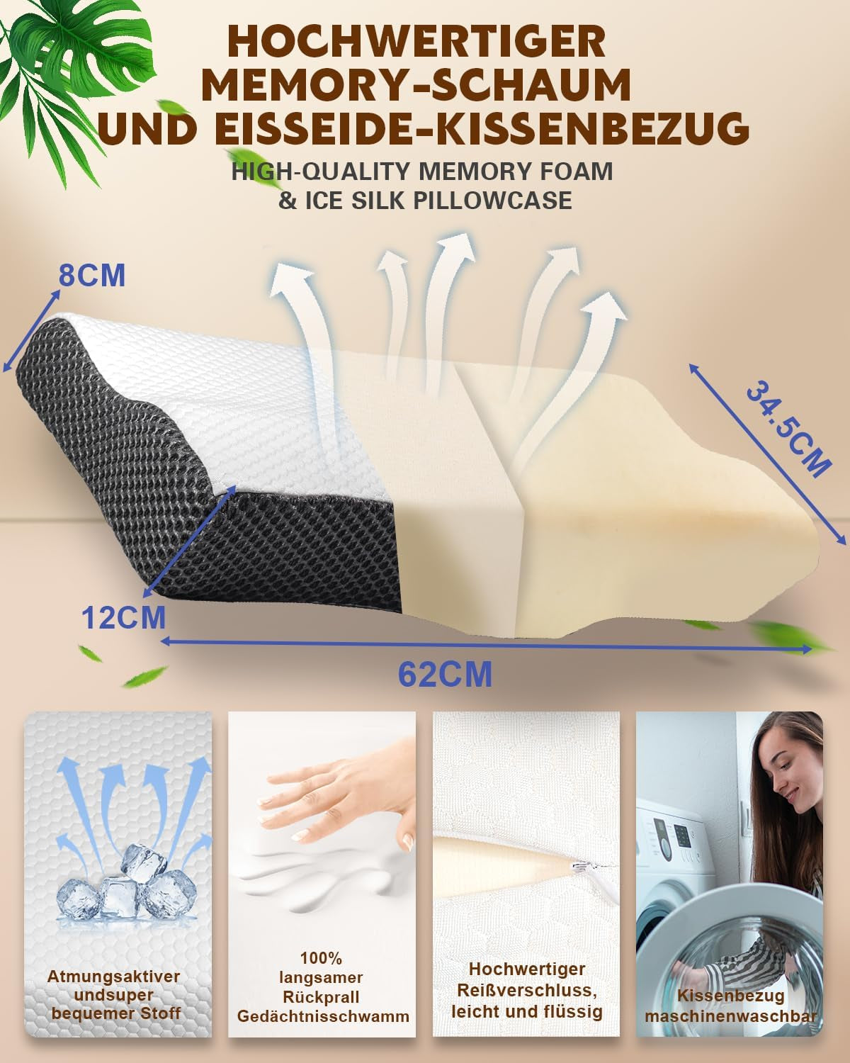 Cuscino per dolore al collo, cuscino ergonomico ortopedico per il collo, cuscino in memory foam addominale laterale posteriore, cuscino antirussamento per uomini e donne (62 * 34,5 * 12/8 CM) Cuscini ortopedici cervicali Naty Shop