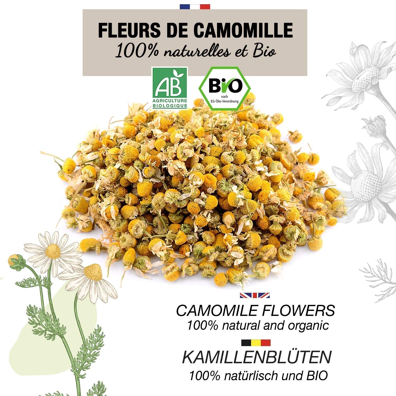 ORIGEENS Tisana ai fiori di camomilla biologica dall'Europa, 100 g | Tè sfuso, tè biologico per il sonno e la digestione | Camomilla tedesca | Certificato e confezionato in Germania