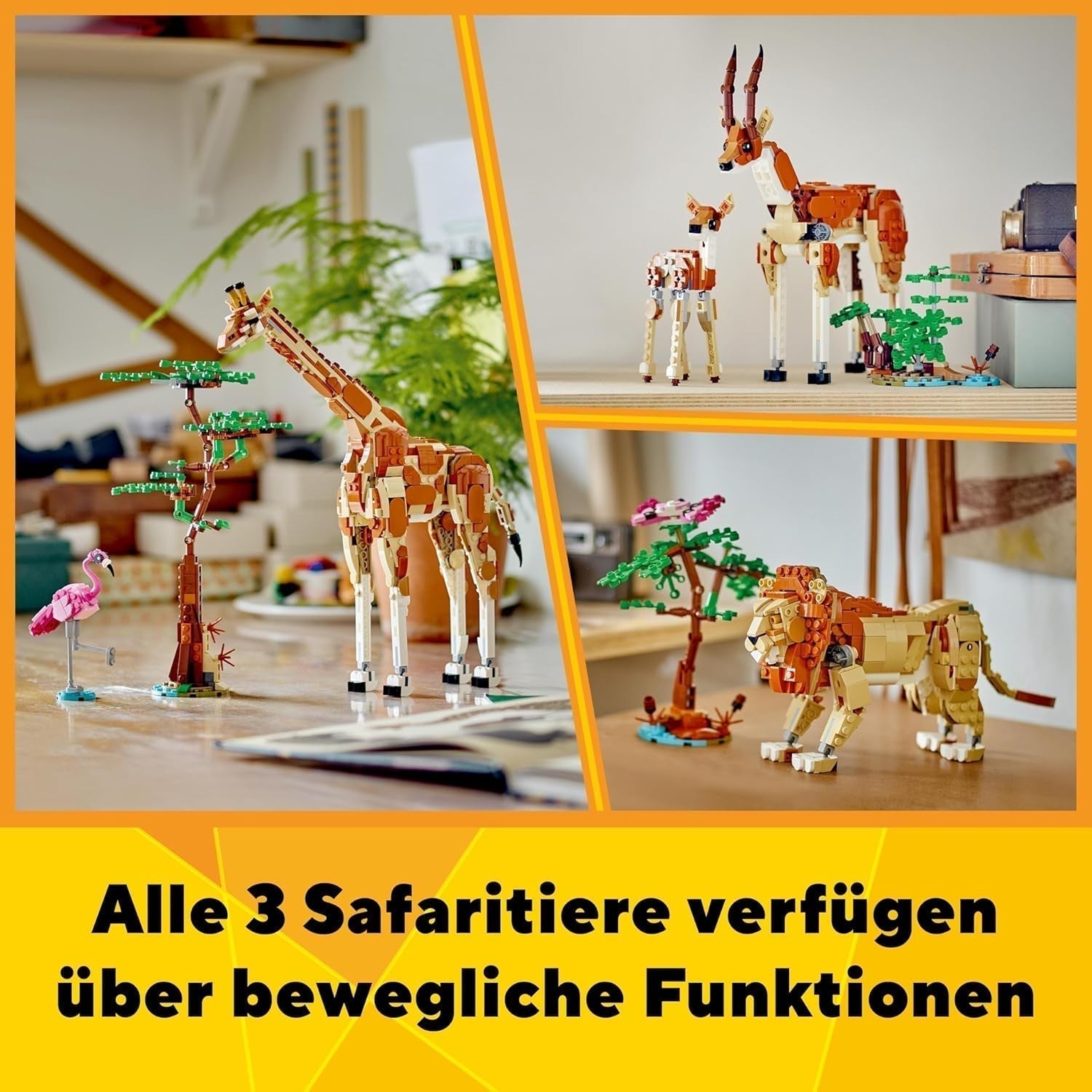 LEGO Creator 3In1 Animal Safari, set creativo con personaggi di animali, 3 opzioni di costruzione: giraffa, gazzella e leone giocattolo, animali giocattolo per ragazze e ragazzi, regalo naturale per bambini dai 9 anni in su 31150 Set da costruzione Beuche den LEGO-Store