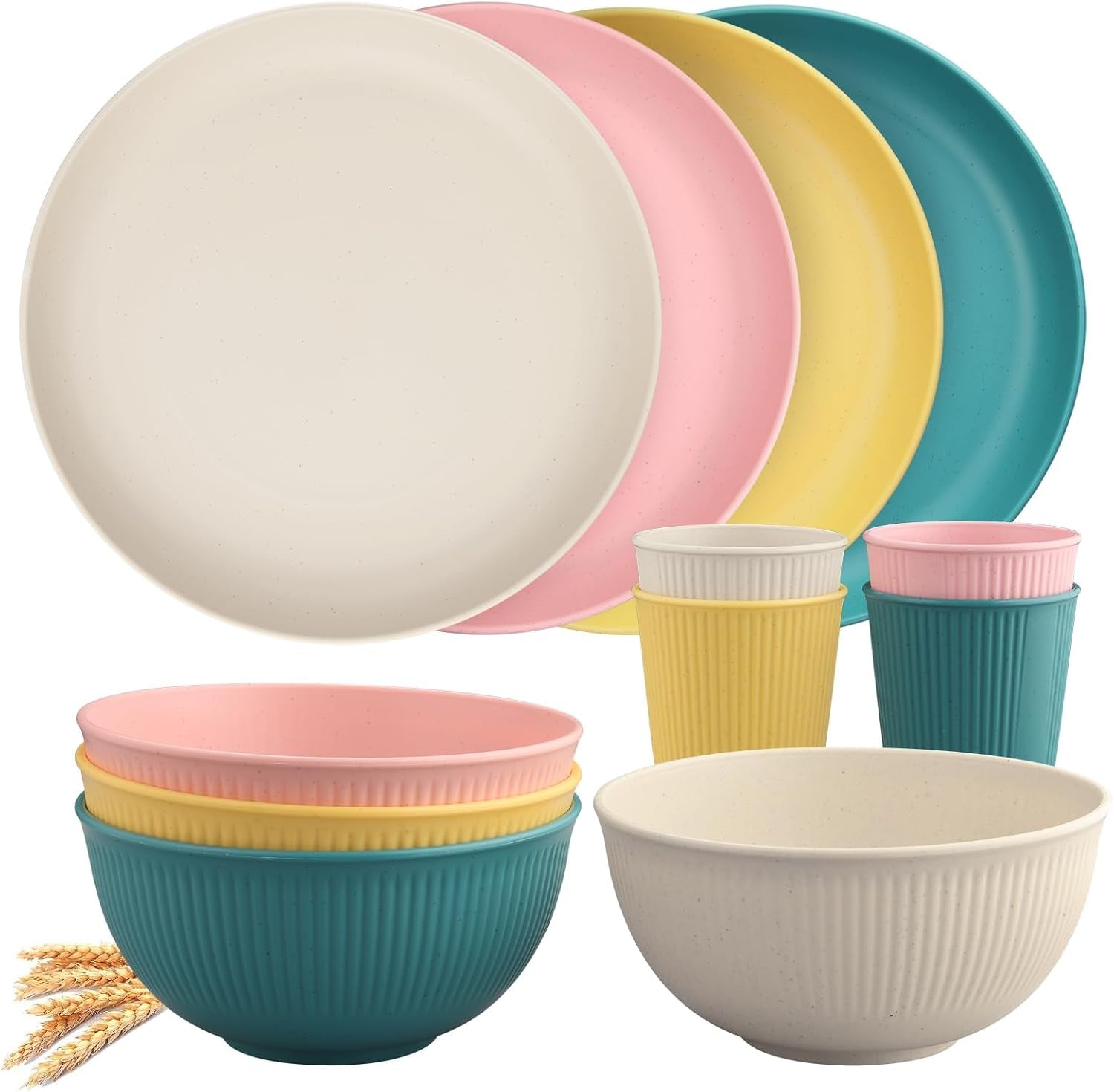 Tanice Set di stoviglie in plastica da 12 pezzi Piatti e ciotole Set di stoviglie per bambini per 4 persone Set di stoviglie in plastica con piatti, ciotole e tazze per cucina campeggio all'aperto